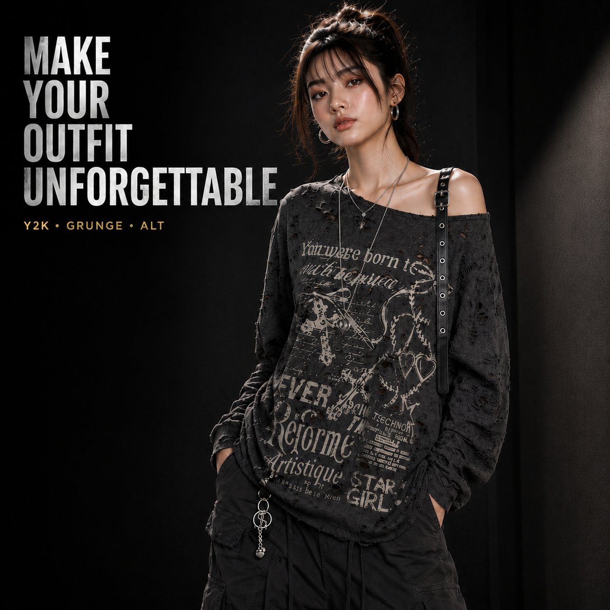 Y2K Distressed Graphic Off Shoulder Top Women, Oversized Long Sleeve Grunge Shirt, Alt Streetwear Gothic Aesthetic Top