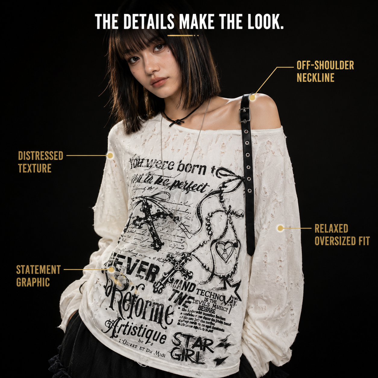 Y2K Distressed Graphic Off Shoulder Top Women, Oversized Long Sleeve Grunge Shirt, Alt Streetwear Gothic Aesthetic Top