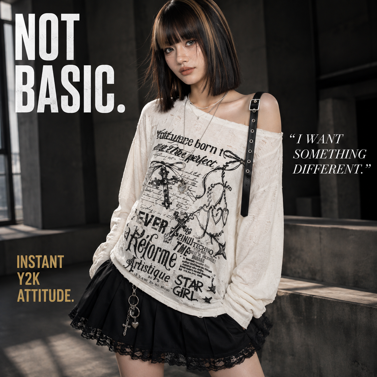 Y2K Distressed Graphic Off Shoulder Top Women, Oversized Long Sleeve Grunge Shirt, Alt Streetwear Gothic Aesthetic Top