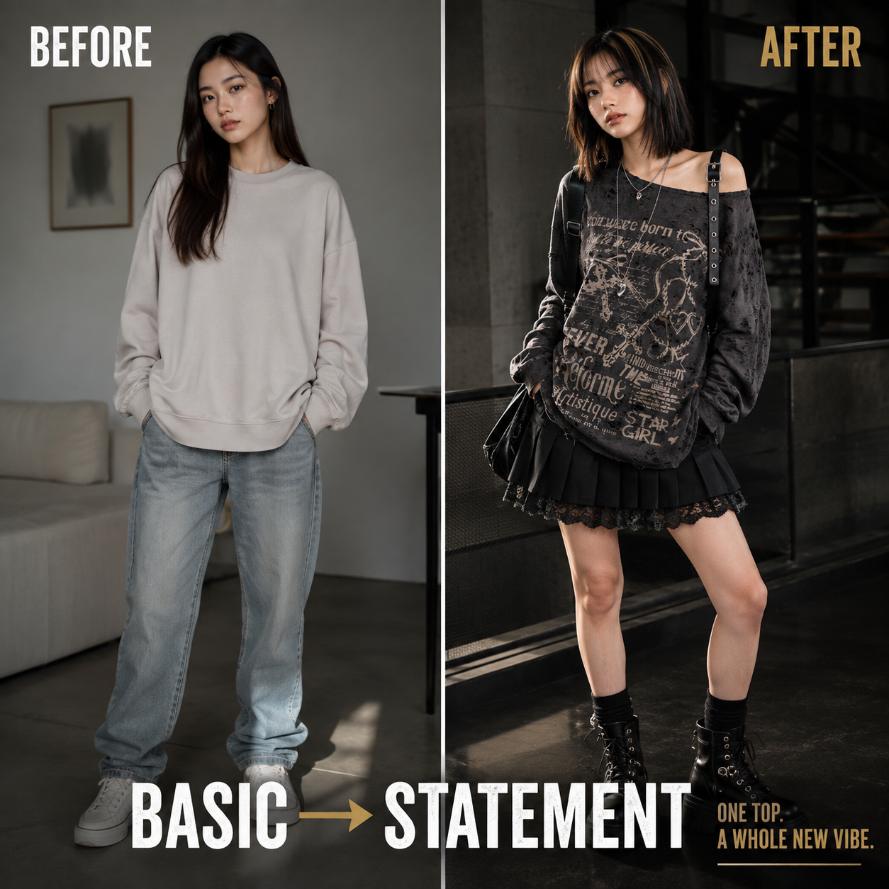 Y2K Distressed Graphic Off Shoulder Top Women, Oversized Long Sleeve Grunge Shirt, Alt Streetwear Gothic Aesthetic Top