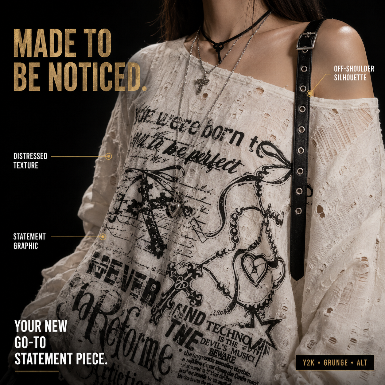 Y2K Distressed Graphic Off Shoulder Top Women, Oversized Long Sleeve Grunge Shirt, Alt Streetwear Gothic Aesthetic Top