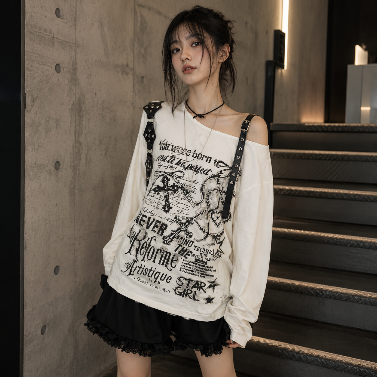 Y2K Distressed Graphic Off Shoulder Top Women, Oversized Long Sleeve Grunge Shirt, Alt Streetwear Gothic Aesthetic Top