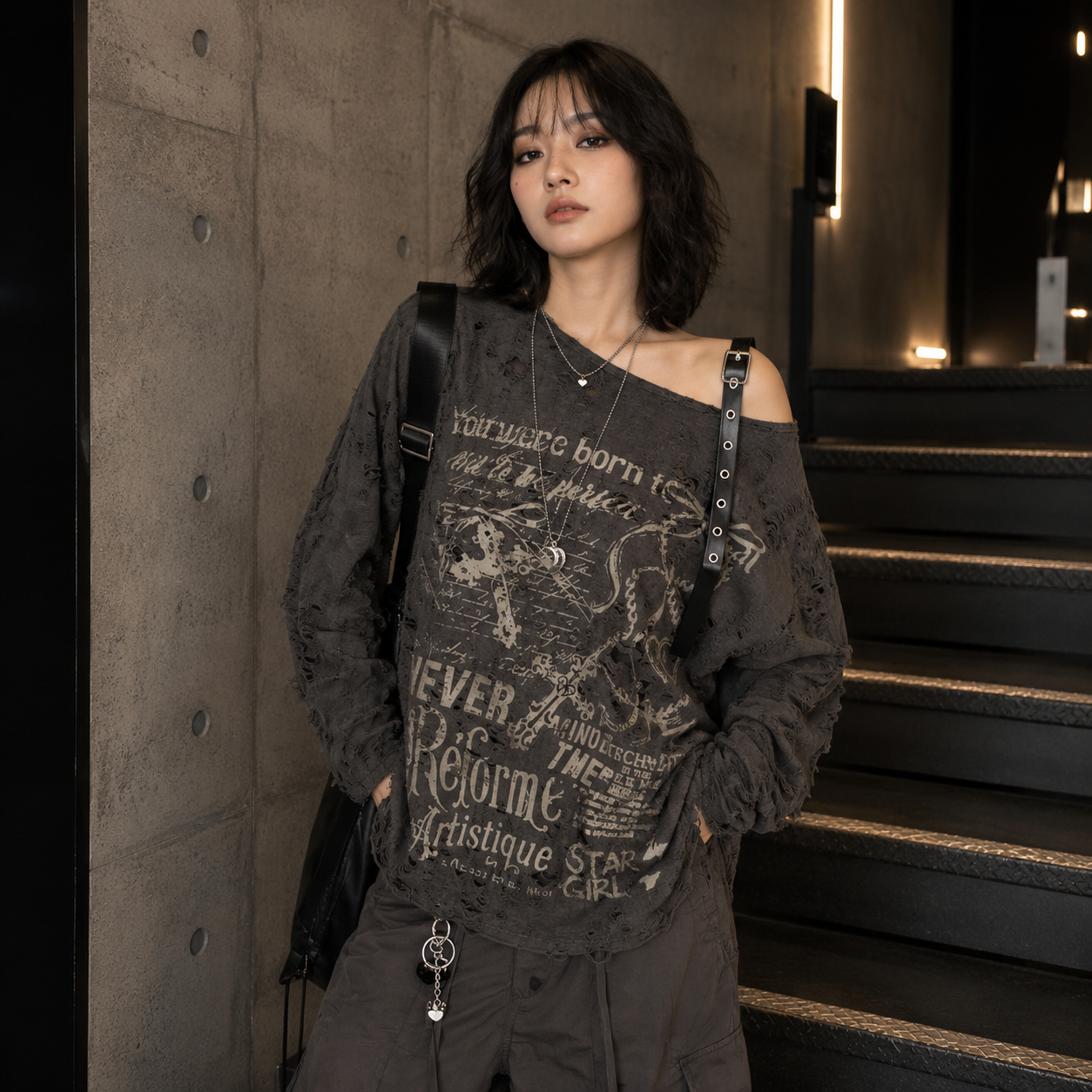 Y2K Distressed Graphic Off Shoulder Top Women, Oversized Long Sleeve Grunge Shirt, Alt Streetwear Gothic Aesthetic Top