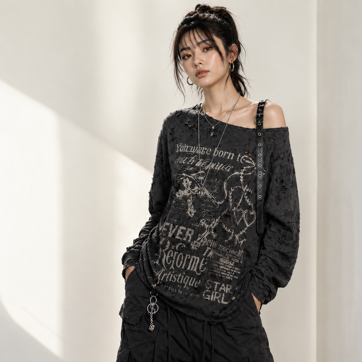 Y2K Distressed Graphic Off Shoulder Top Women, Oversized Long Sleeve Grunge Shirt, Alt Streetwear Gothic Aesthetic Top