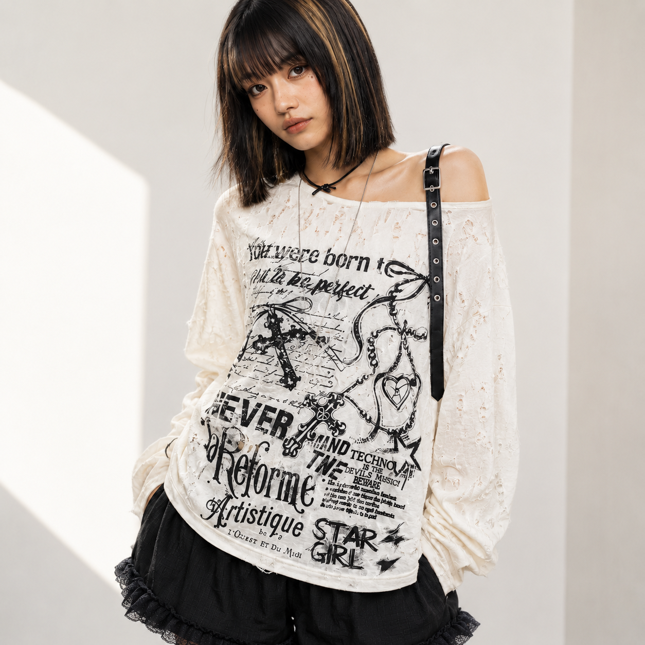 Y2K Distressed Graphic Off Shoulder Top Women, Oversized Long Sleeve Grunge Shirt, Alt Streetwear Gothic Aesthetic Top