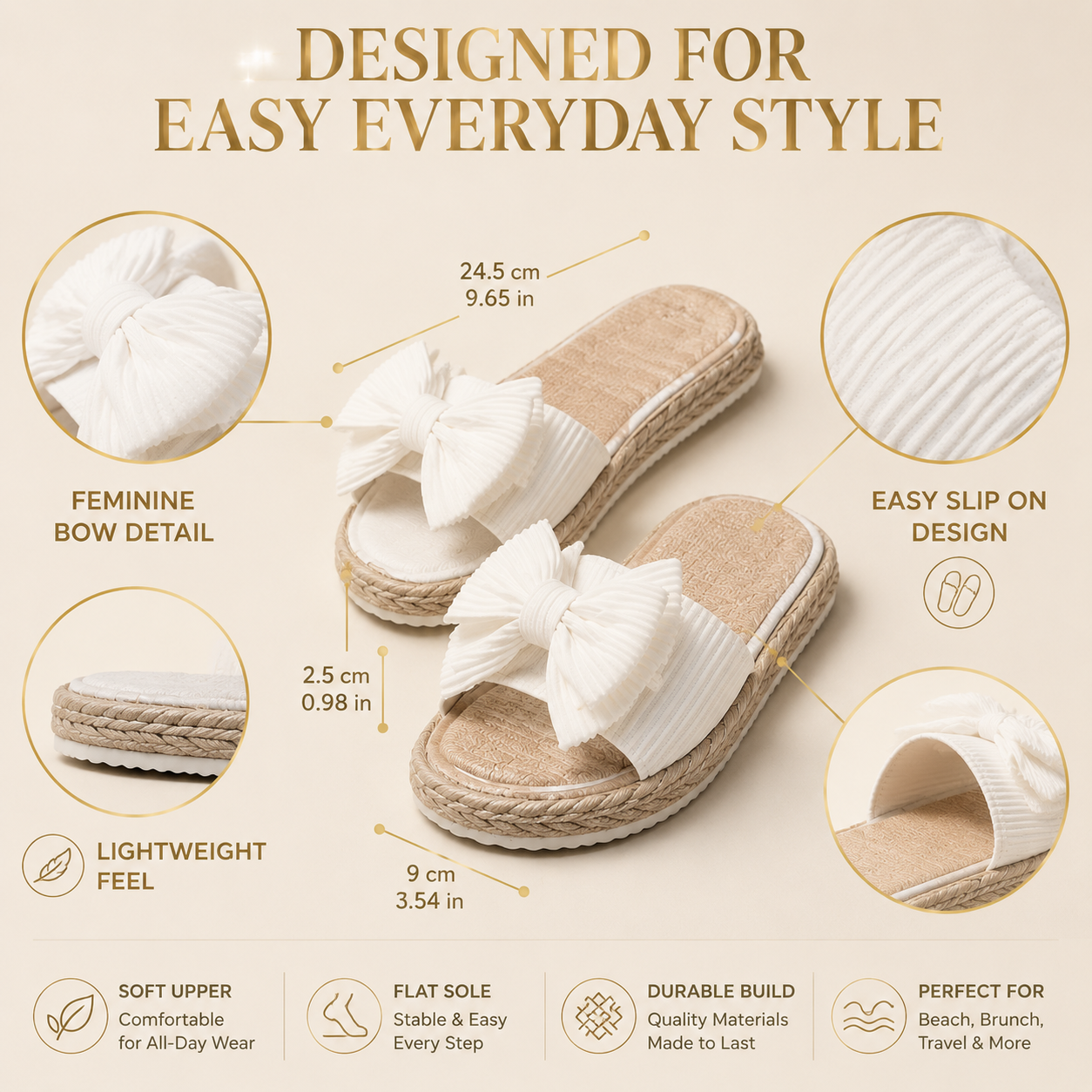 White Bow Slide Sandals for Women | Feminine Summer Flat Shoes | Casual Slip On Beach Footwear | Elegant Everyday Slides