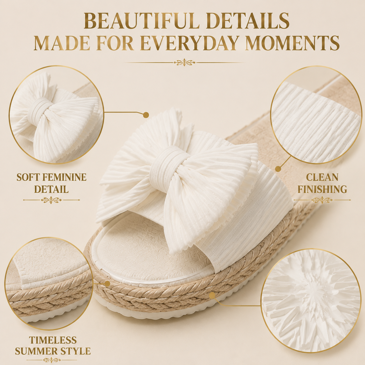 White Bow Slide Sandals for Women | Feminine Summer Flat Shoes | Casual Slip On Beach Footwear | Elegant Everyday Slides