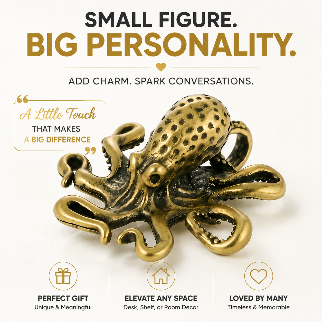 Bronze Octopus Figurine Ocean Sculpture Vintage Desk Decor Shelf Ornament Marine Animal Gift