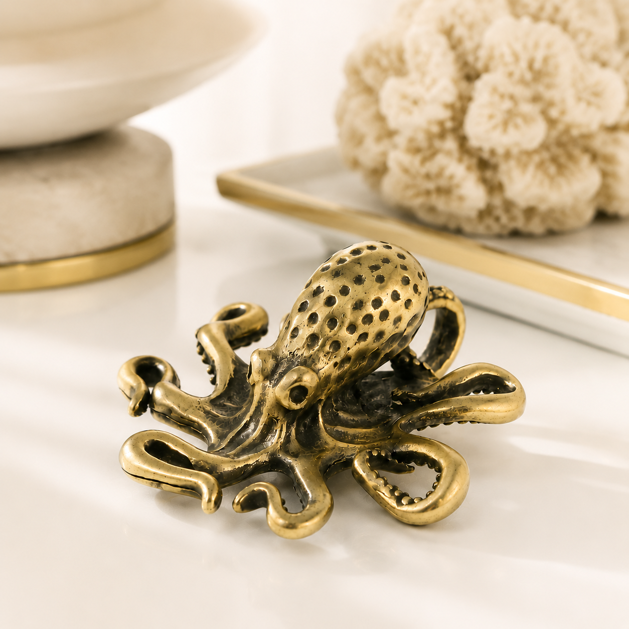 Bronze Octopus Figurine Ocean Sculpture Vintage Desk Decor Shelf Ornament Marine Animal Gift
