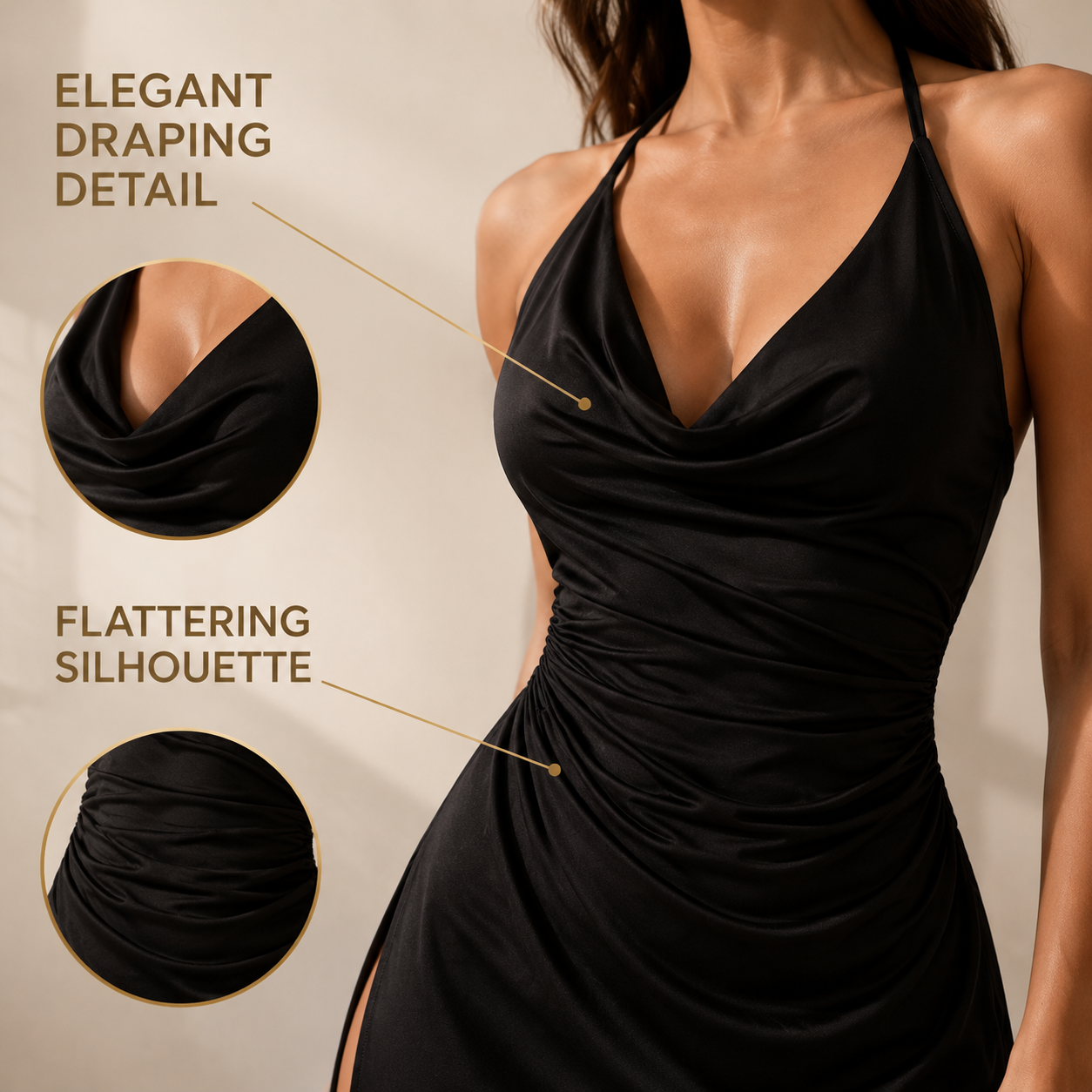 Black Halter Mini Dress | Elegant Cowl Neck Ruched Dress | Sleeveless Evening Party Dress | Feminine Bodycon Style