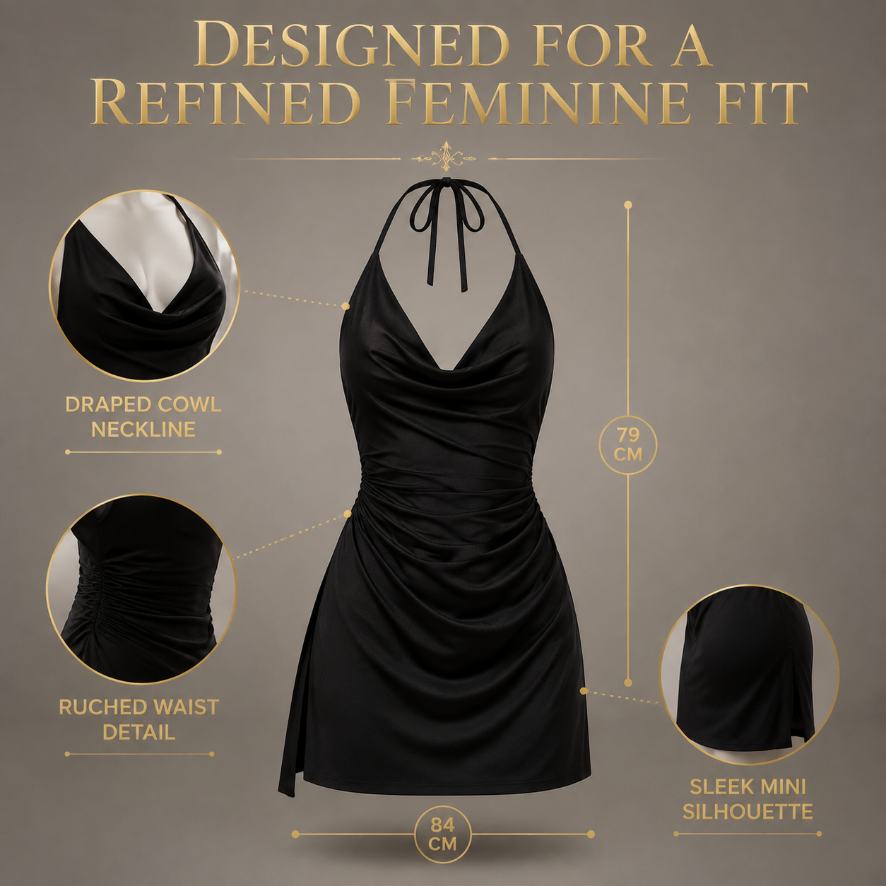 Black Halter Mini Dress | Elegant Cowl Neck Ruched Dress | Sleeveless Evening Party Dress | Feminine Bodycon Style
