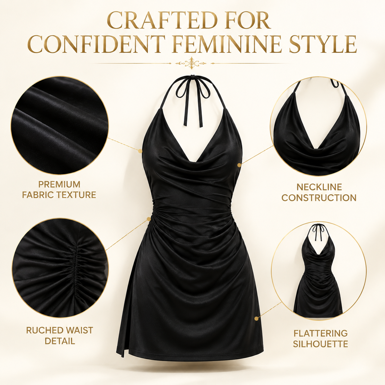 Black Halter Mini Dress | Elegant Cowl Neck Ruched Dress | Sleeveless Evening Party Dress | Feminine Bodycon Style