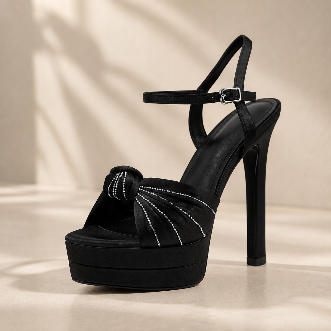 Bow Platform Pumps | Round Toe High Heel Sandals | Satin Ankle Strap Shoes | Formal Evening Party Heels