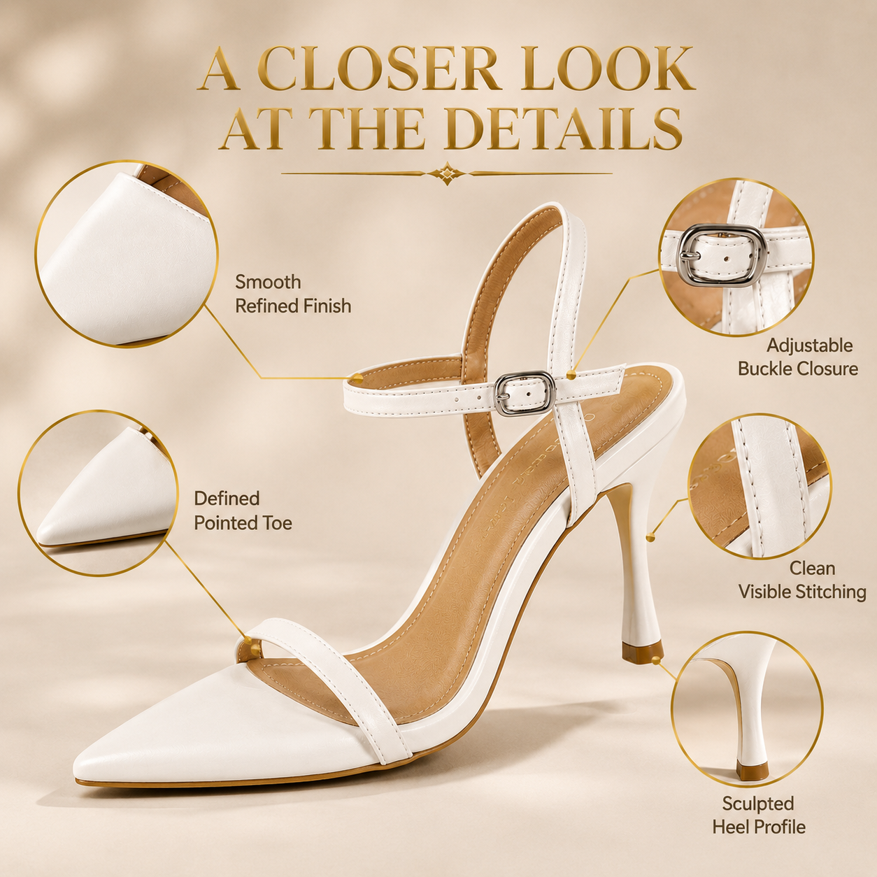 Pointed Toe Heels | Ankle Strap Slingback Sandals | Minimal Bridal Shoes for Weddings, Receptions and Evening Events