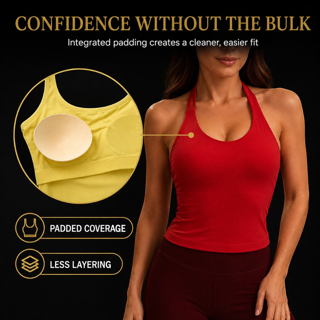 Halter Neck Padded Camisole | Backless Yoga Tank Top | Supportive Gym Fitness Shirt | Stretch Workout Crop Top for Studio and Daily Wear