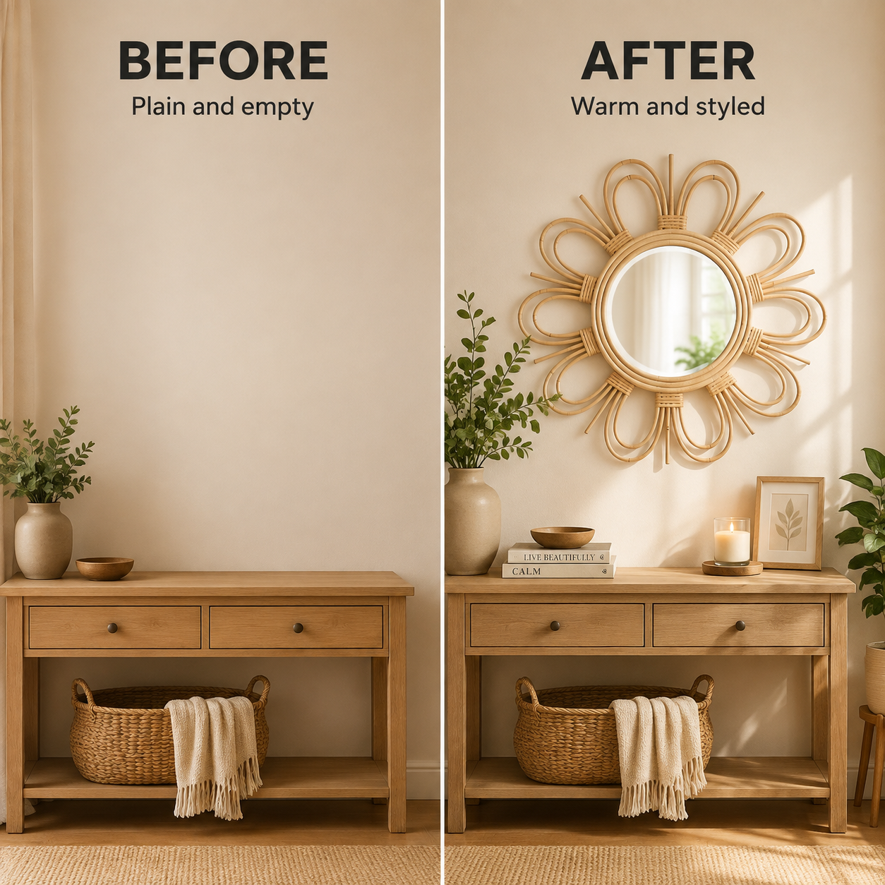 Woven Rattan Wall Mirror | Boho Flower Shape Dressing Mirror | Natural Home Decor Accent | Bedroom Bathroom Vanity Mirror