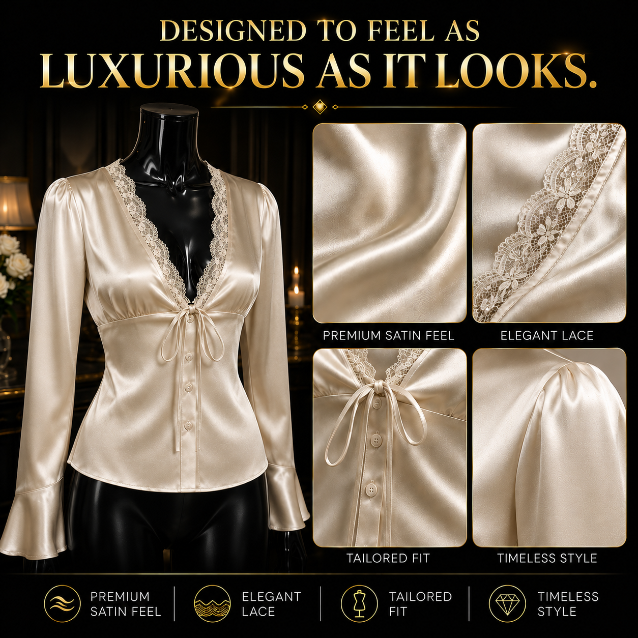 Elegant Satin Lace-Up Blouse for Women, V-Neck Long Sleeve Top, Coquette Shirt, Old Money Aesthetic, Feminine Summer Top