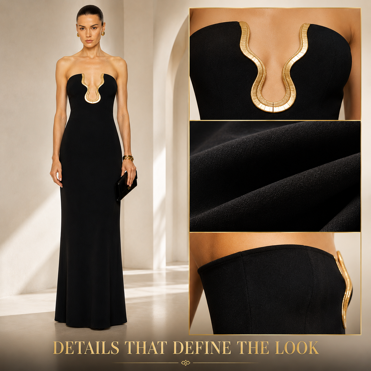 Black Strapless Sculptural Neckline Maxi Dress – Elegant Bodycon Floor Length Evening Gown