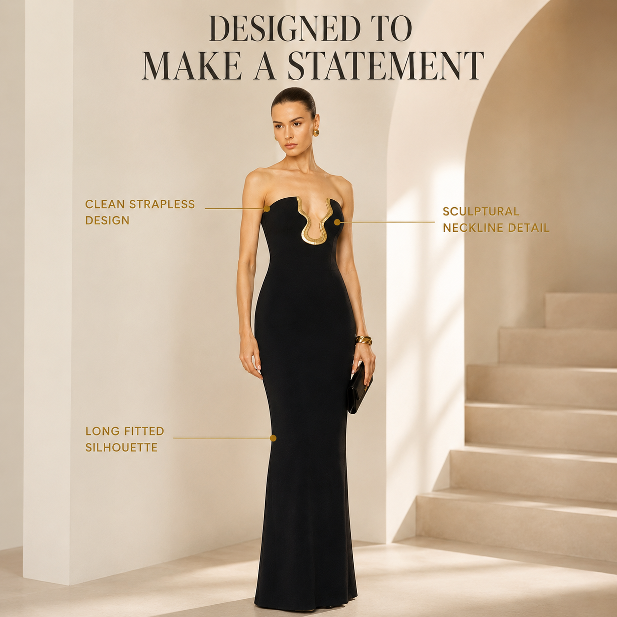 Black Strapless Sculptural Neckline Maxi Dress – Elegant Bodycon Floor Length Evening Gown