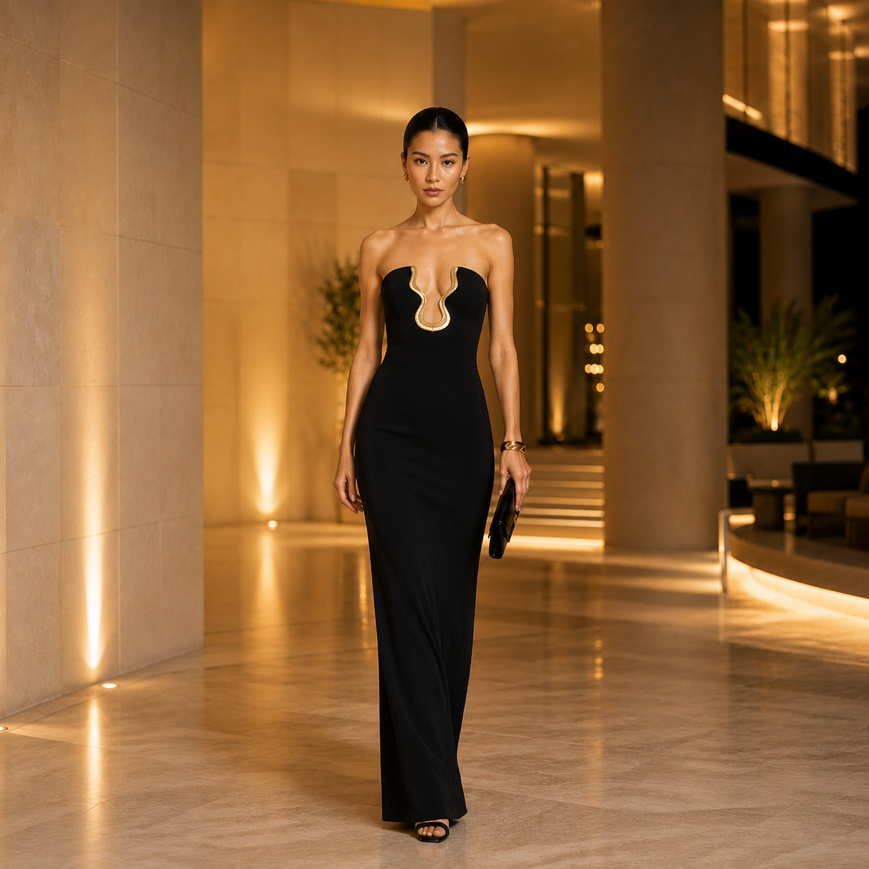 Black Strapless Sculptural Neckline Maxi Dress – Elegant Bodycon Floor Length Evening Gown