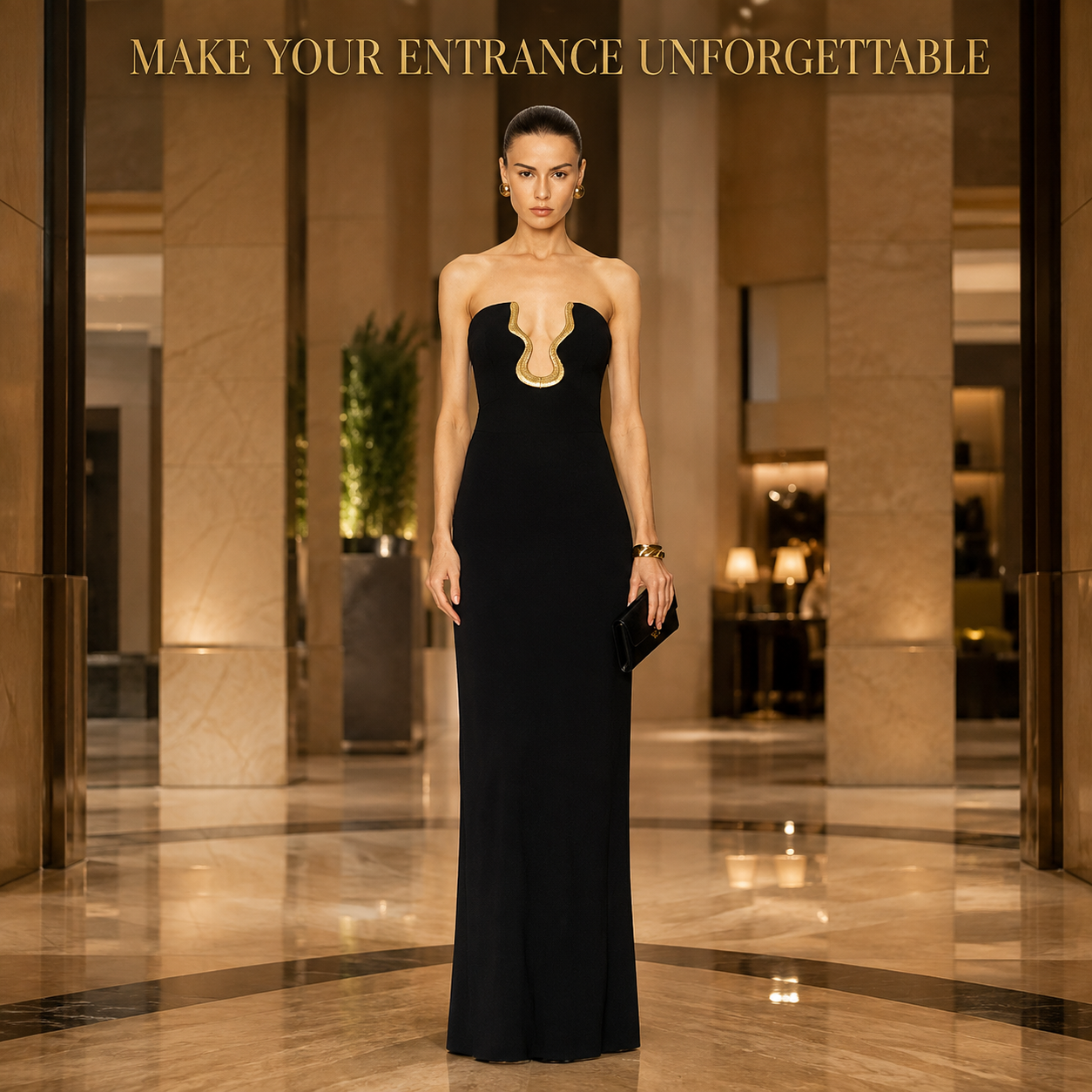 Black Strapless Sculptural Neckline Maxi Dress – Elegant Bodycon Floor Length Evening Gown