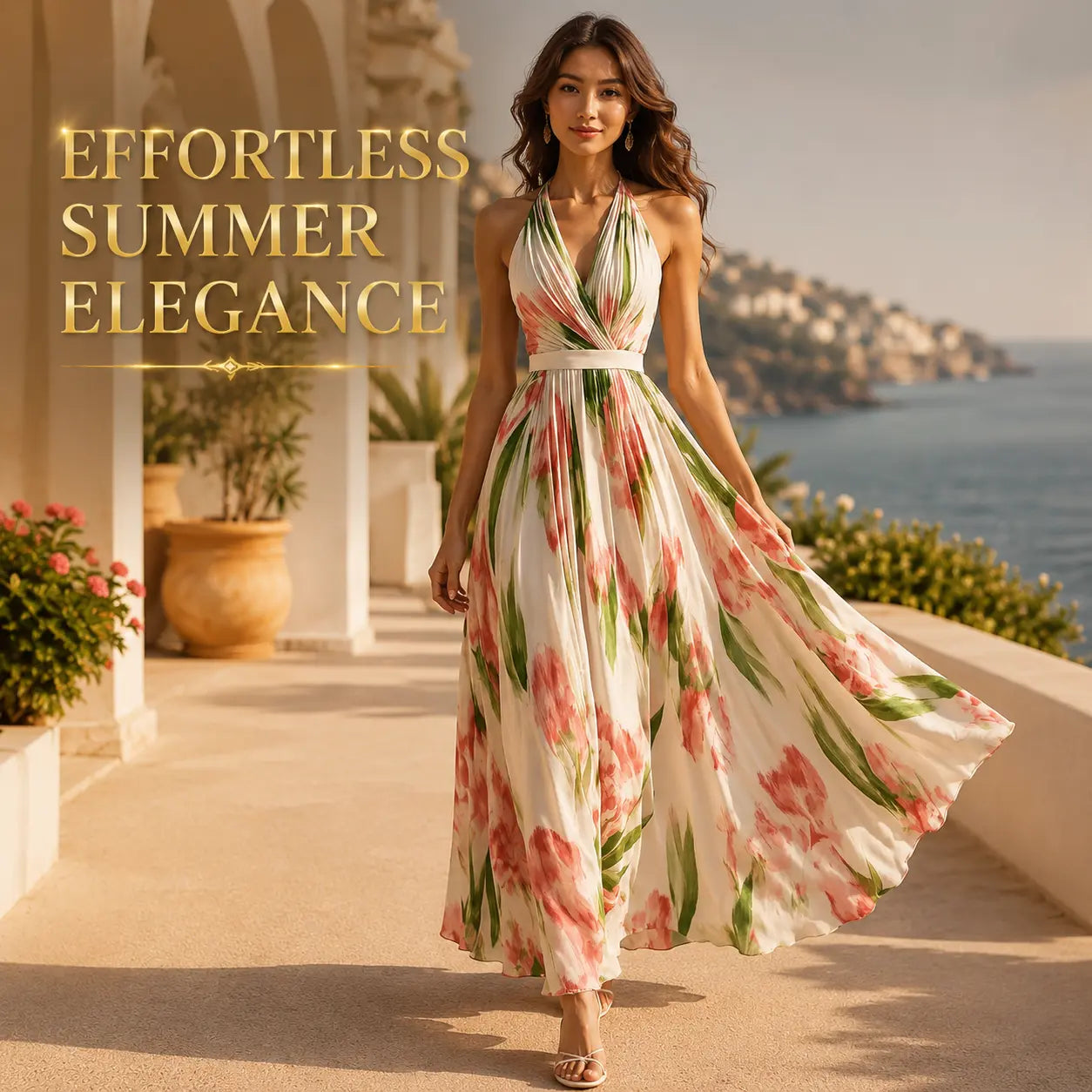 Floral Halter Maxi Dress | Women's Vacation Dress | Elegant Summer Beach Dress | Flowing Sleeveless Resort Dress Jumartins