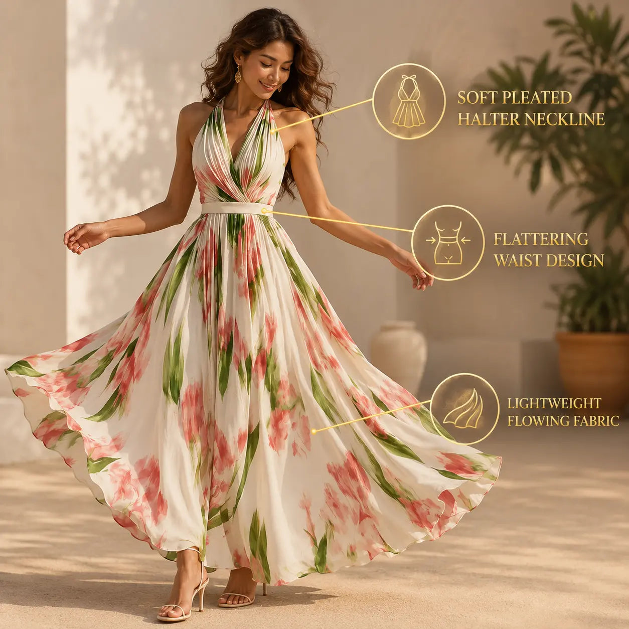 Floral Halter Maxi Dress | Women's Vacation Dress | Elegant Summer Beach Dress | Flowing Sleeveless Resort Dress Jumartins