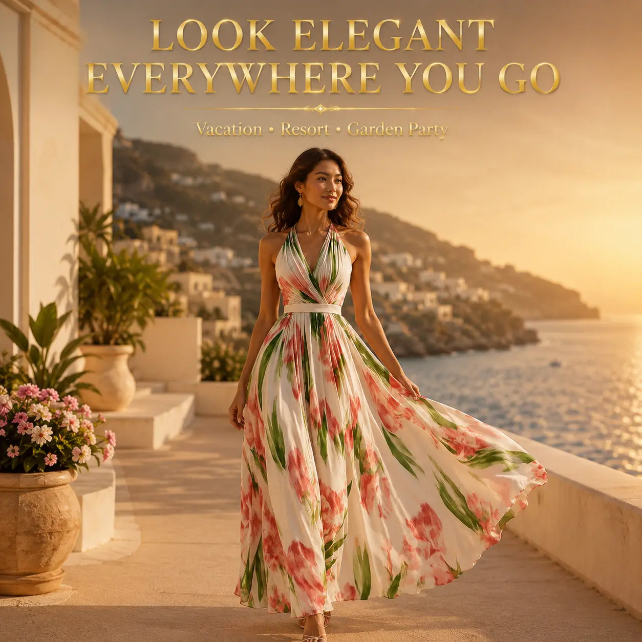 Floral Halter Maxi Dress | Women's Vacation Dress | Elegant Summer Beach Dress | Flowing Sleeveless Resort Dress Jumartins