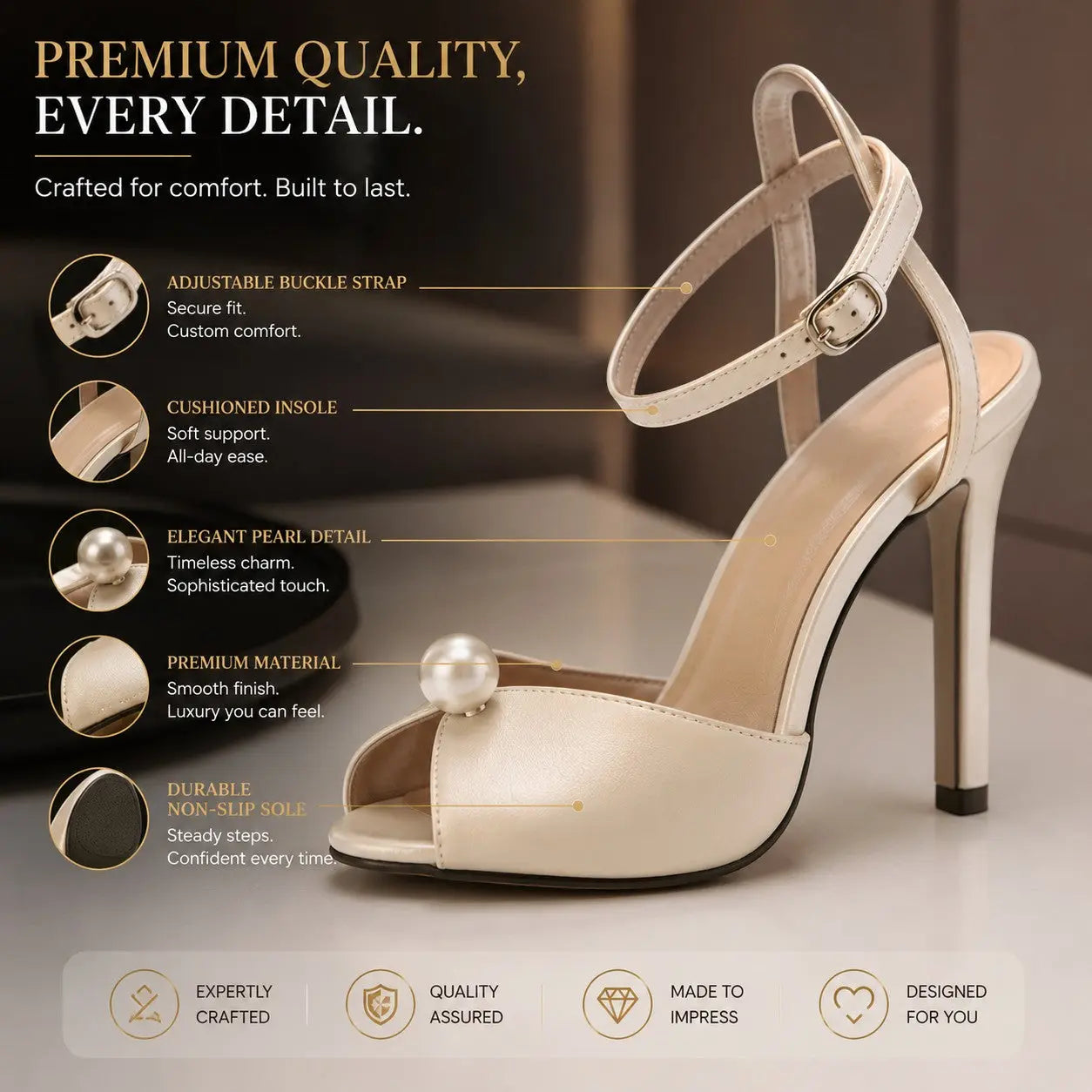 Pearl High Heel Sandals, Elegant Open Toe Stiletto Heels, Ankle Strap Dress Shoes for Wedding Party Evening Pumps Jumartins