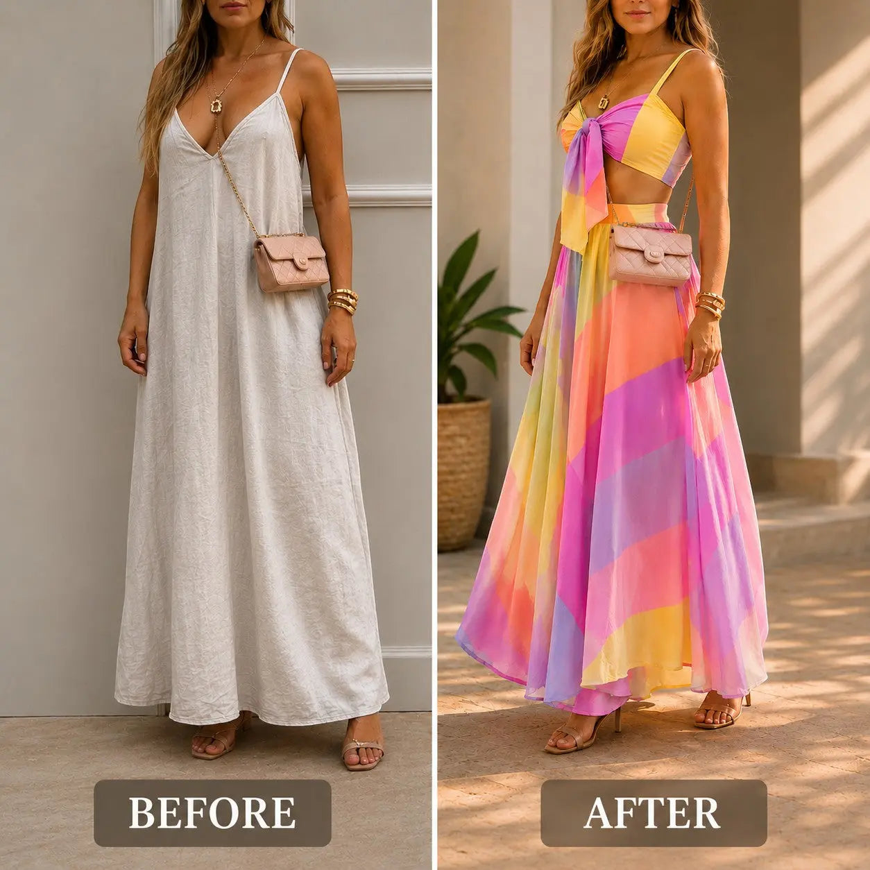 Women's 2 Piece Maxi Skirt Set, Color Block Crop Top & Flowing Maxi Skirt Outfit, Summer Vacation Beach Resort Matching Set Jumartins