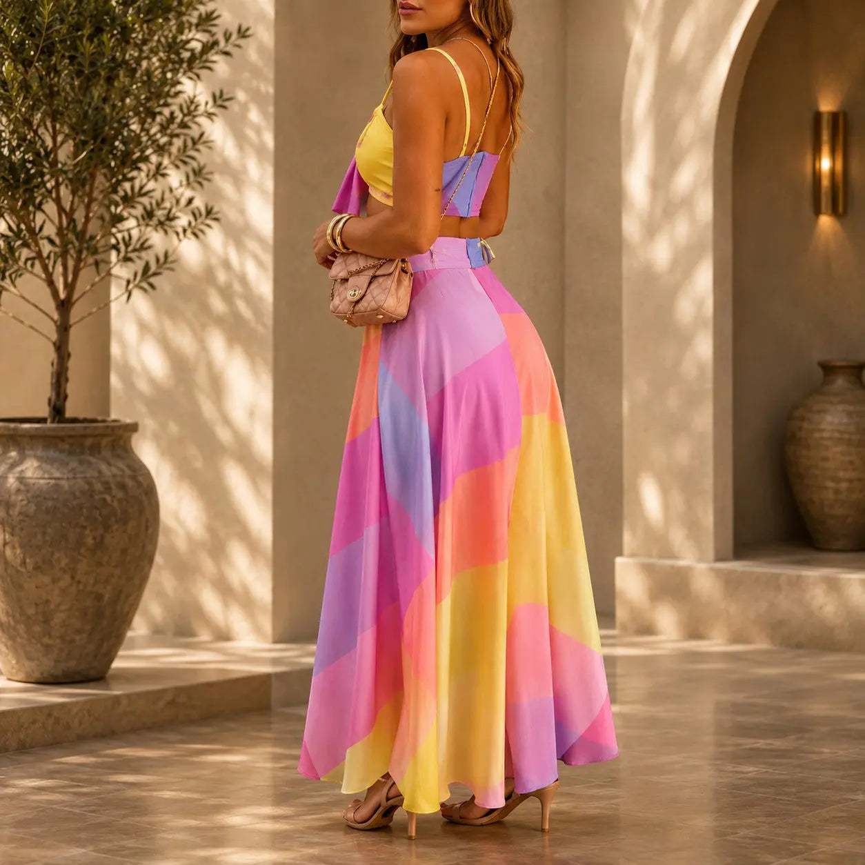 Women's 2 Piece Maxi Skirt Set, Color Block Crop Top & Flowing Maxi Skirt Outfit, Summer Vacation Beach Resort Matching Set Jumartins