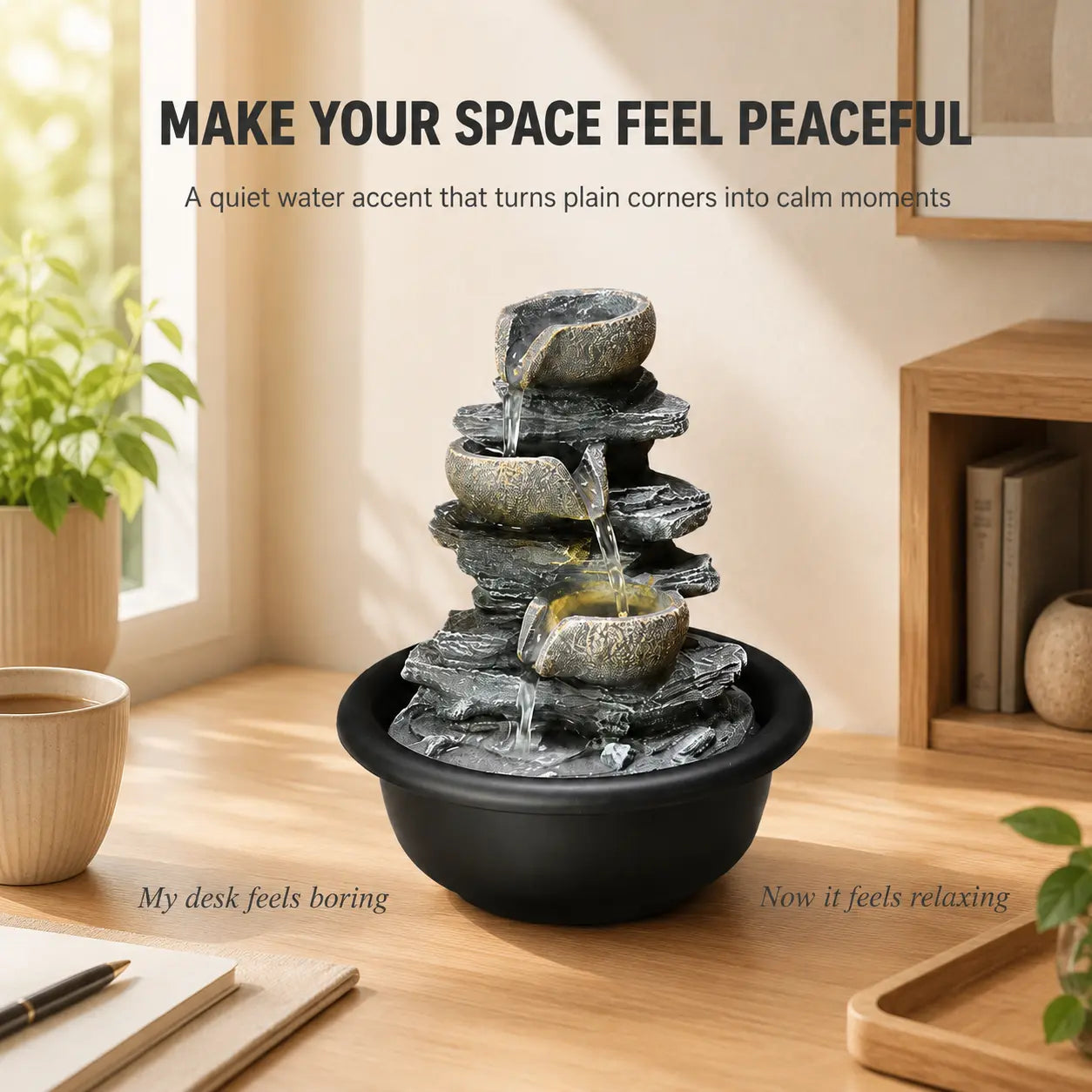 Tabletop Water Fountain Decor | Indoor Resin Rock Waterfall | Desk Shelf Office Accent | Relaxing Home Ornament Jumartins