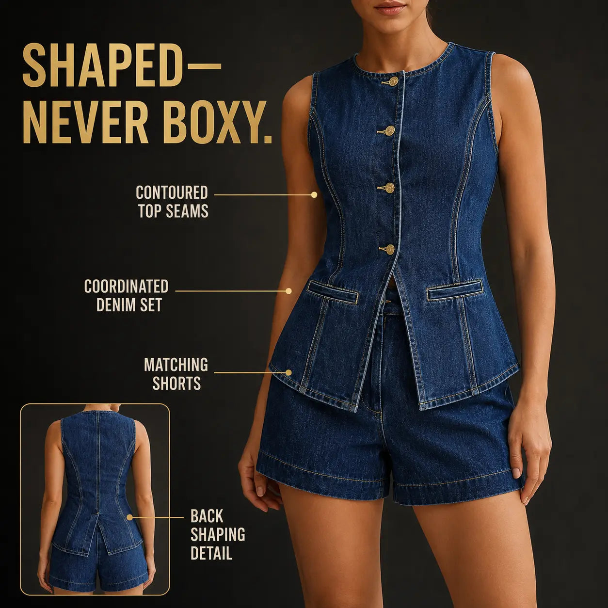 Women’s Long Denim Vest | Sleeveless Button Waistcoat | Round Neck Fitted Top | Back Slit Layering Piece | Casual Pocket Blouse Jumartins
