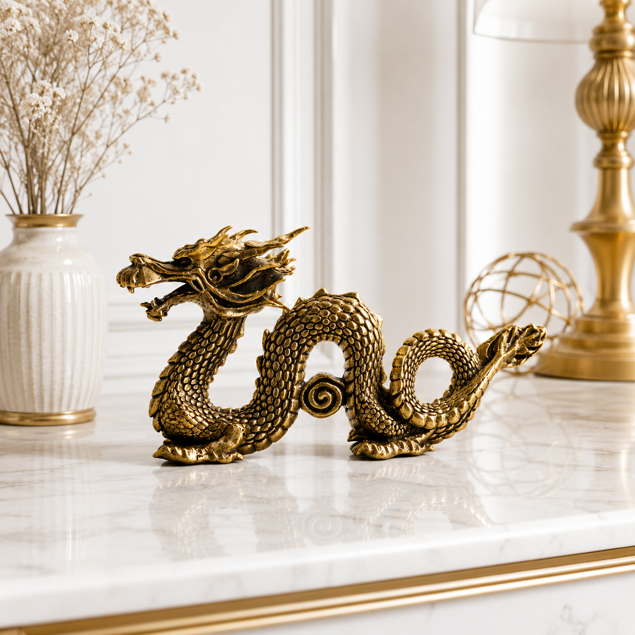 Brass Dragon Statue Mythical Figurine Decorative Desk Ornament Feng Shui Shelf Home Office Sculpture Gift