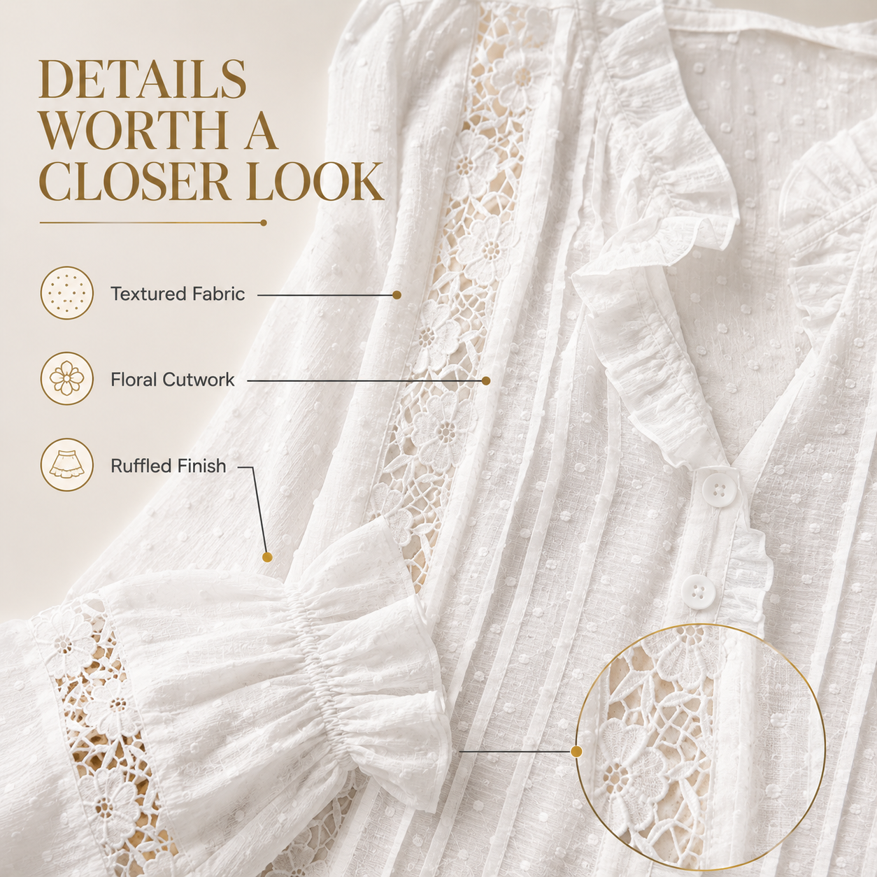 Women’s Lace Ruffle Blouse | Floral Hollow Long Sleeves | Button Front Shirt | Elegant Casual Top