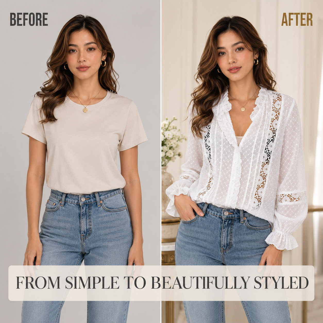 Women’s Lace Ruffle Blouse | Floral Hollow Long Sleeves | Button Front Shirt | Elegant Casual Top