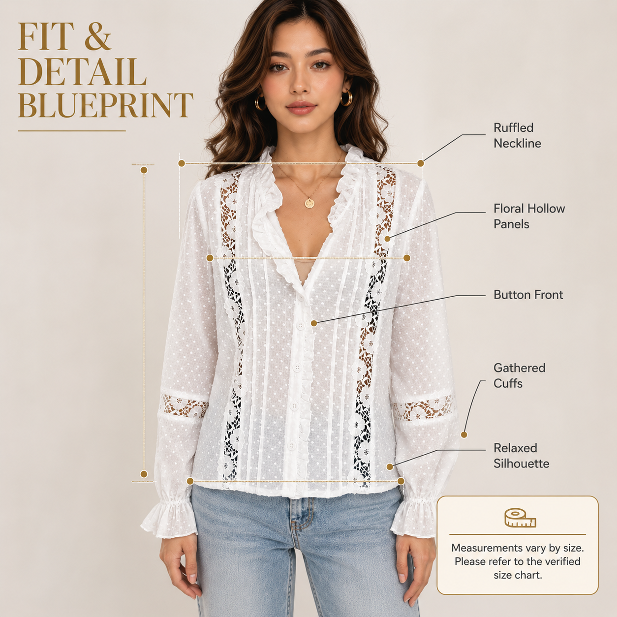 Women’s Lace Ruffle Blouse | Floral Hollow Long Sleeves | Button Front Shirt | Elegant Casual Top