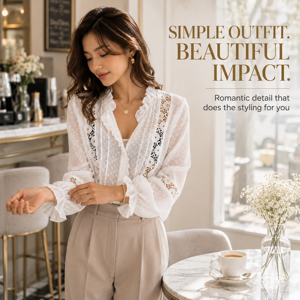 Women’s Lace Ruffle Blouse | Floral Hollow Long Sleeves | Button Front Shirt | Elegant Casual Top