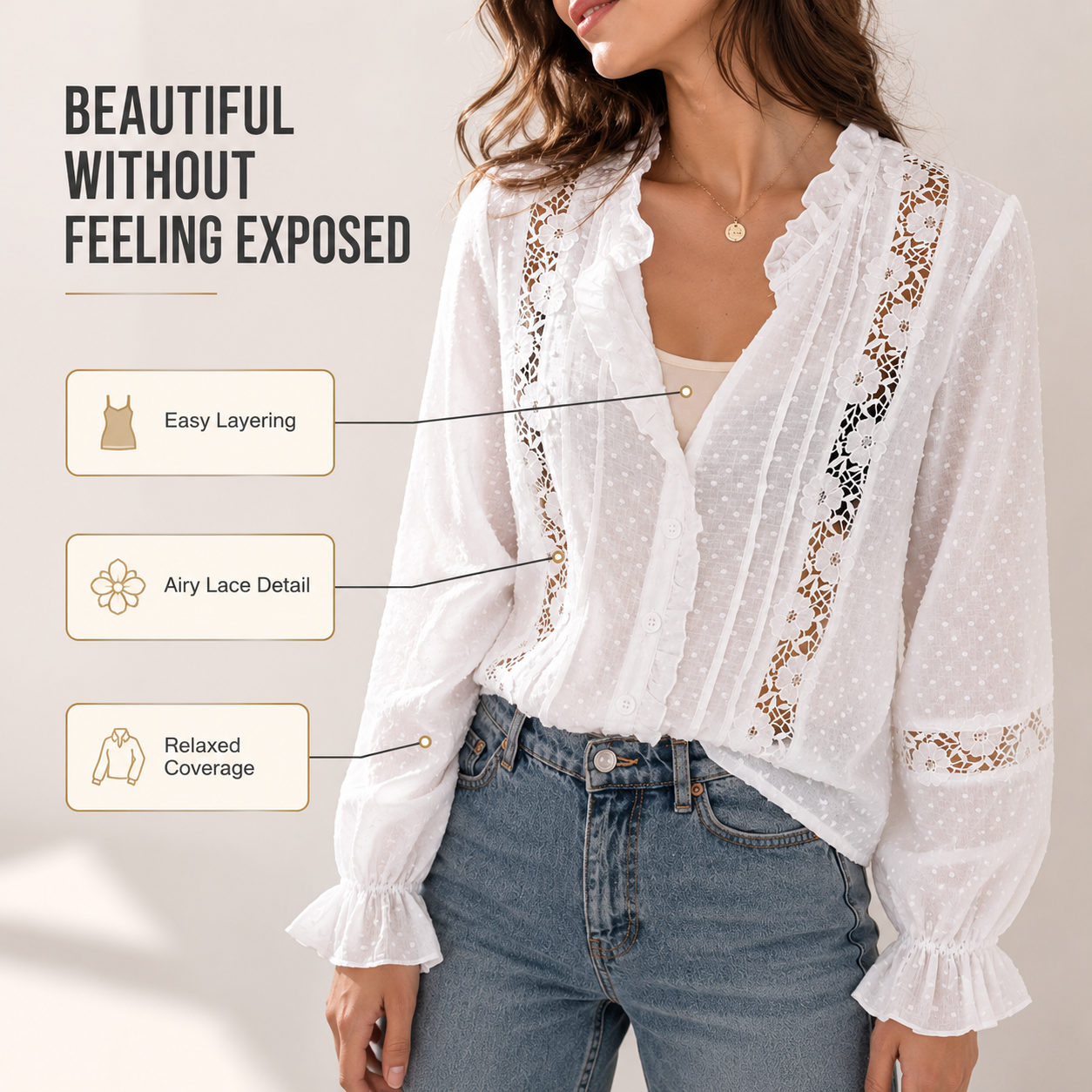 Women’s Lace Ruffle Blouse | Floral Hollow Long Sleeves | Button Front Shirt | Elegant Casual Top