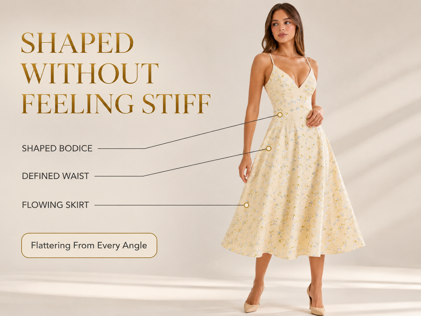 Floral A Line Midi Dress | V Neck Lace Up Back | Sleeveless Summer Sundress | Flowy Waist Shaping Silhouette | Casual Party Garden Outfit