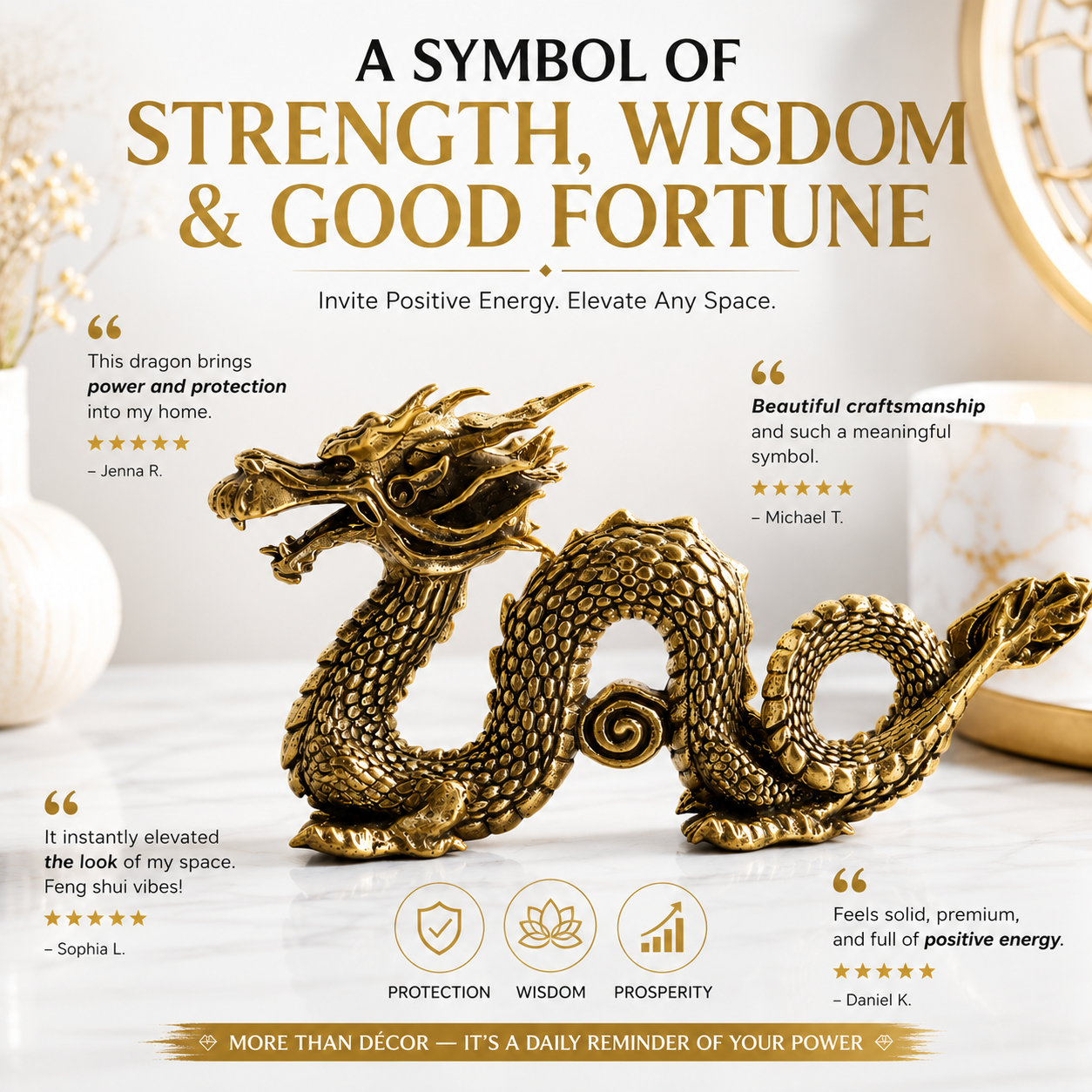 Brass Dragon Statue Mythical Figurine Decorative Desk Ornament Feng Shui Shelf Home Office Sculpture Gift