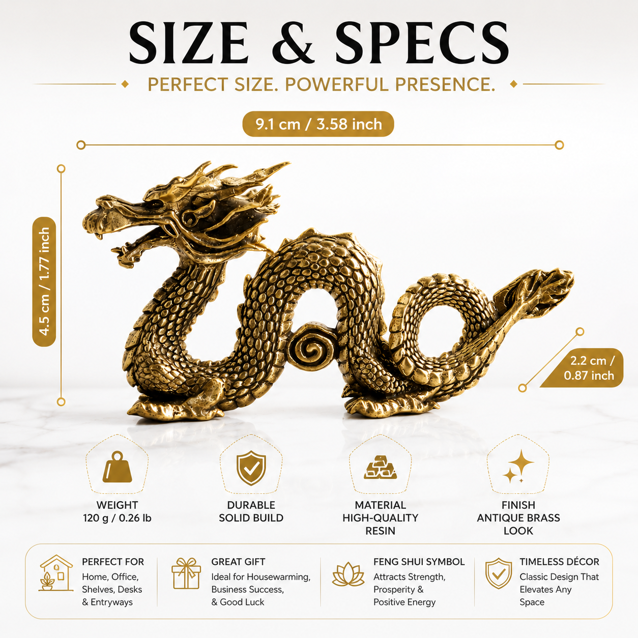 Brass Dragon Statue Mythical Figurine Decorative Desk Ornament Feng Shui Shelf Home Office Sculpture Gift
