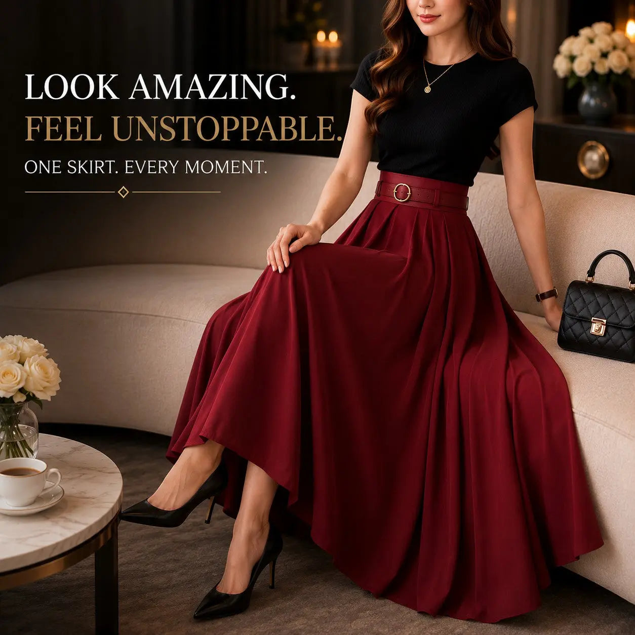 Women's High Waist Pleated Maxi Skirt with Belt, Elegant A-Line Long Skirt, Flowy Modest Office Skirt, Casual Party Wear Jumartins