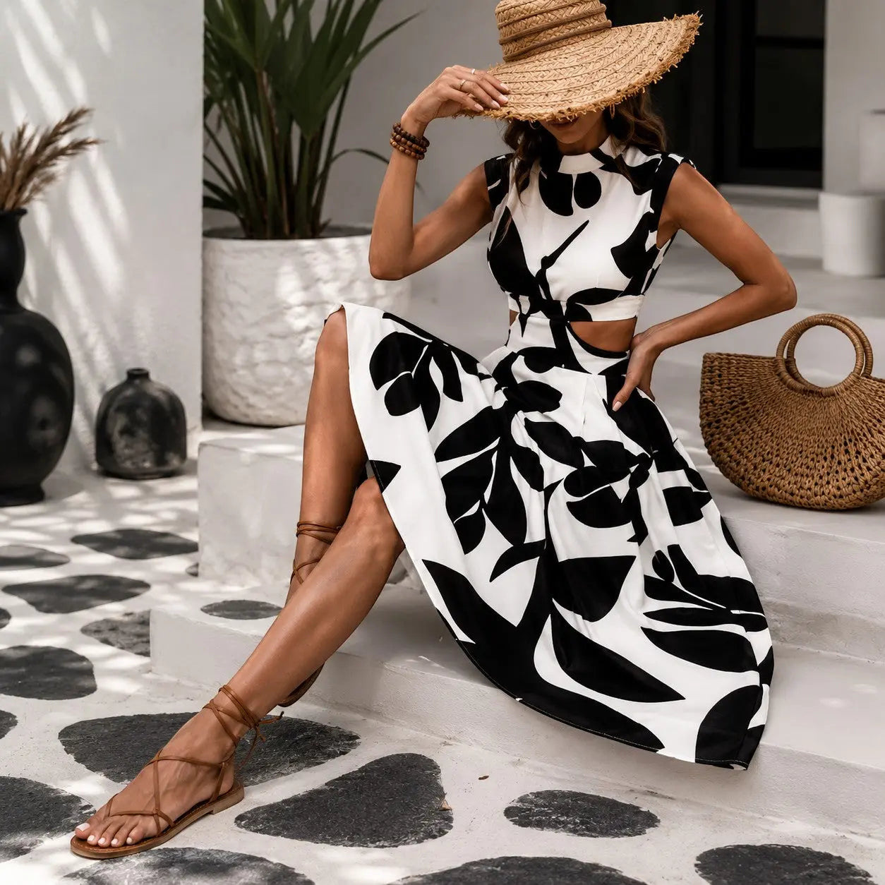 Women's Summer Printed Mini Dress, V Neck A-Line Dress, Cotton Blend Casual Vacation Dress, Sleeveless Beach Resort Outfit Jumartins
