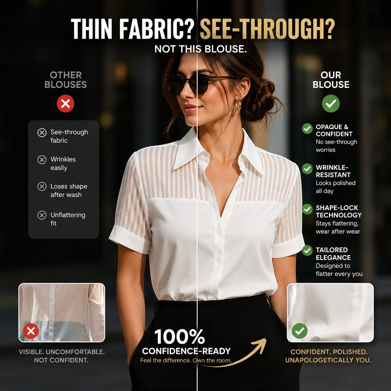 Satin Button Down Blouse Sheer Stripe Sleeve Office Shirt Elegant Business Casual Silk Look Work Top