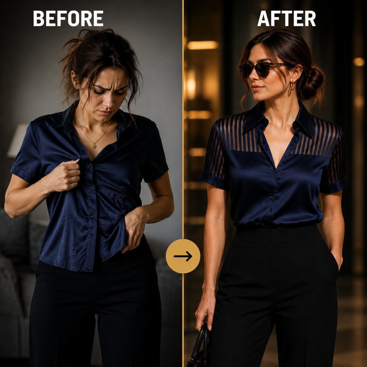 Satin Button Down Blouse Sheer Stripe Sleeve Office Shirt Elegant Business Casual Silk Look Work Top
