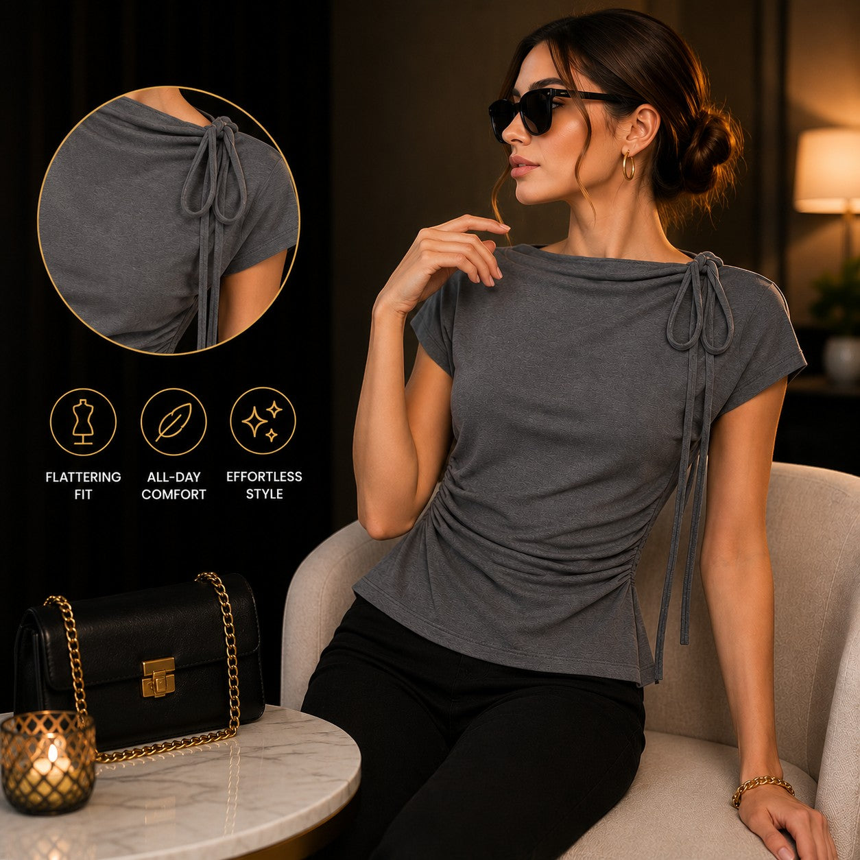 Women's Elegant Ruched Blouse Tie Shoulder Top Dressy Casual Office Shirt Flattering Short Sleeve Workwear Blouse