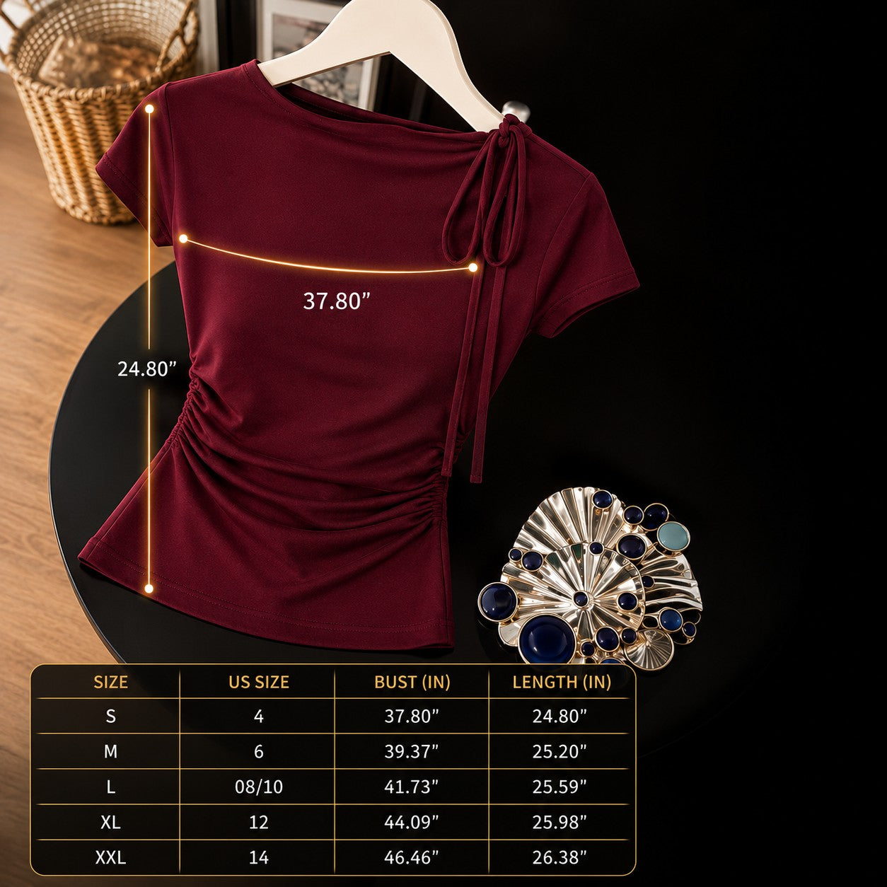 Women's Elegant Ruched Blouse Tie Shoulder Top Dressy Casual Office Shirt Flattering Short Sleeve Workwear Blouse
