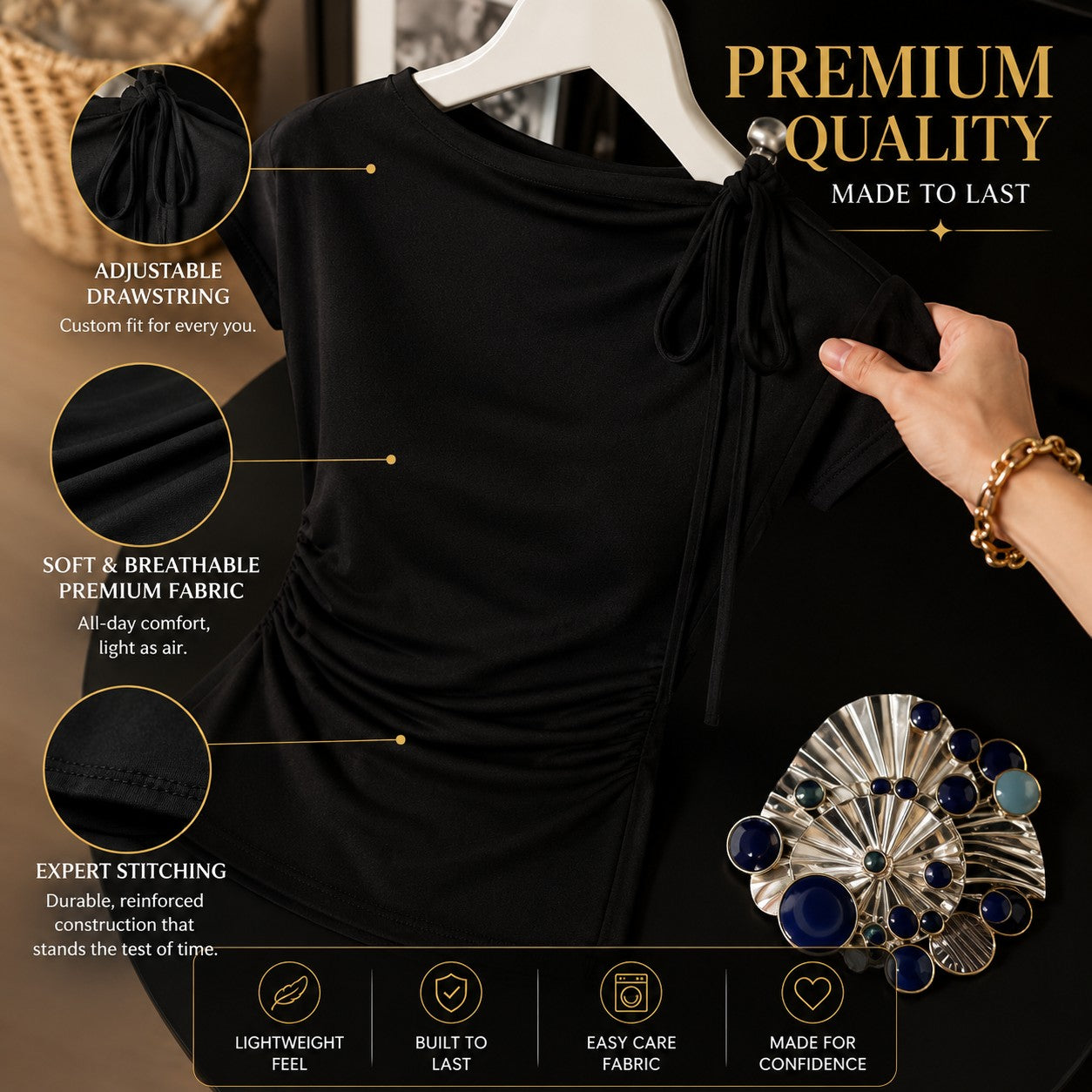 Women's Elegant Ruched Blouse Tie Shoulder Top Dressy Casual Office Shirt Flattering Short Sleeve Workwear Blouse