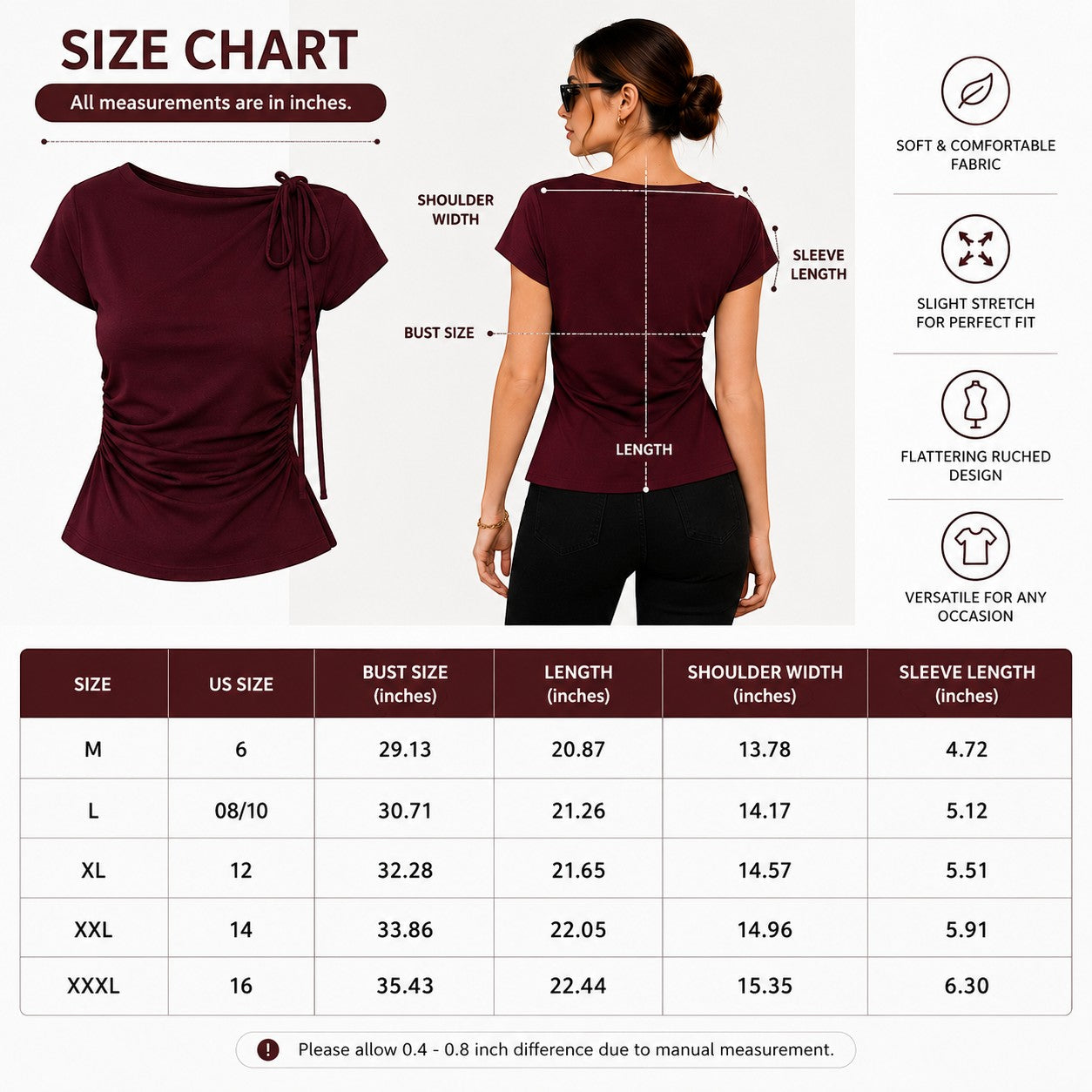 Women's Elegant Ruched Blouse Tie Shoulder Top Dressy Casual Office Shirt Flattering Short Sleeve Workwear Blouse